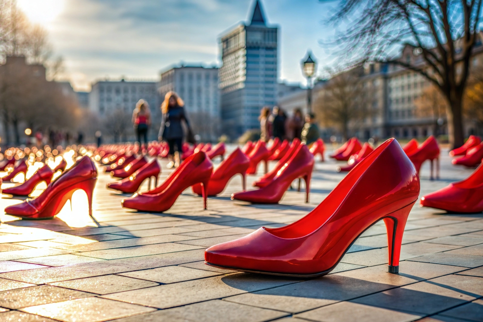 Concept per Violenza contro le donne: piazza ricoperta di scarpe rosse